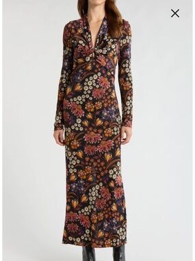 FARM RIO LILI LONG-SLEEVE V-NECK MAXI DRESS